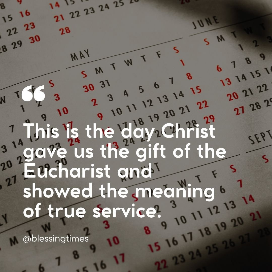 Holy Thursday quote about the Eucharist and Jesus' example of service, set against a sacred and calm background.