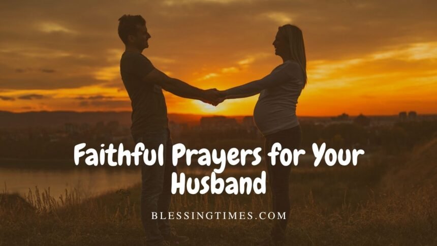 A woman quietly praying with hands folded, reflecting love and faith as she lifts her husband in prayer.