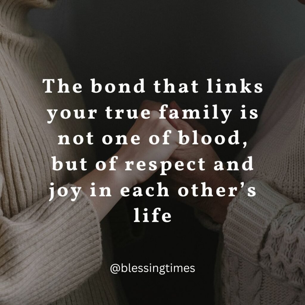 Quote about family not being defined by blood but by respect and joy.