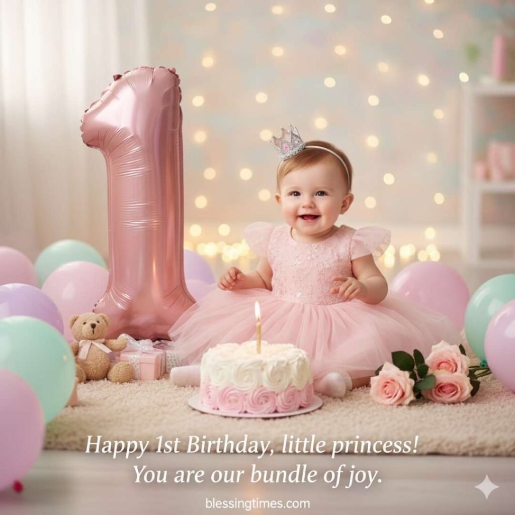 Happy birthday wishes for a niece, a baby girl celebrating her 1st birthday with a cake and a large number one balloon.