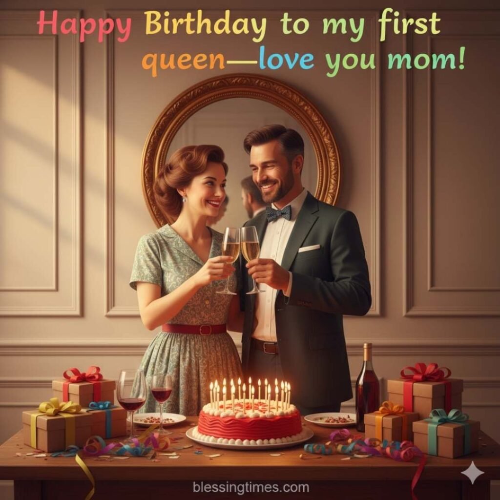 A loving son and his mother smiling and raising a toast to celebrate her birthday. They are standing behind a table with a red birthday cake, gifts, and the text "Happy Birthday to my first queen—love you mom!"