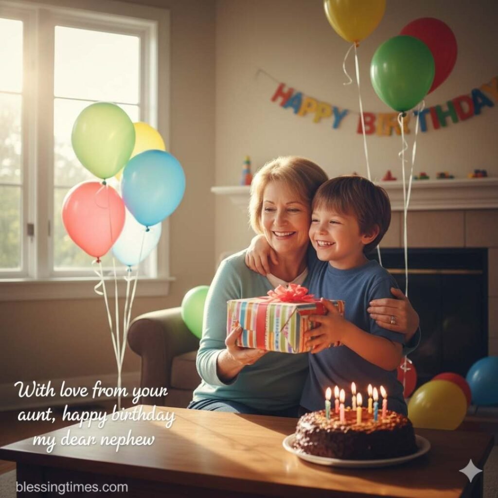 Happy birthday image: Aunt giving a present to her smiling nephew in a decorated room with balloons, a birthday cake with candles, and a banner.