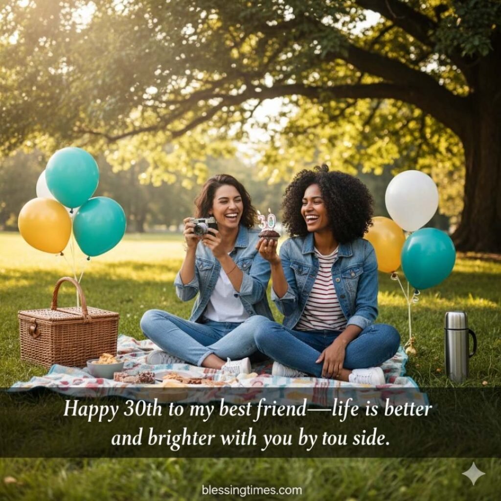 Two joyful best friends celebrating a 30th birthday with a cupcake and balloons on a picnic blanket in a sunny park.