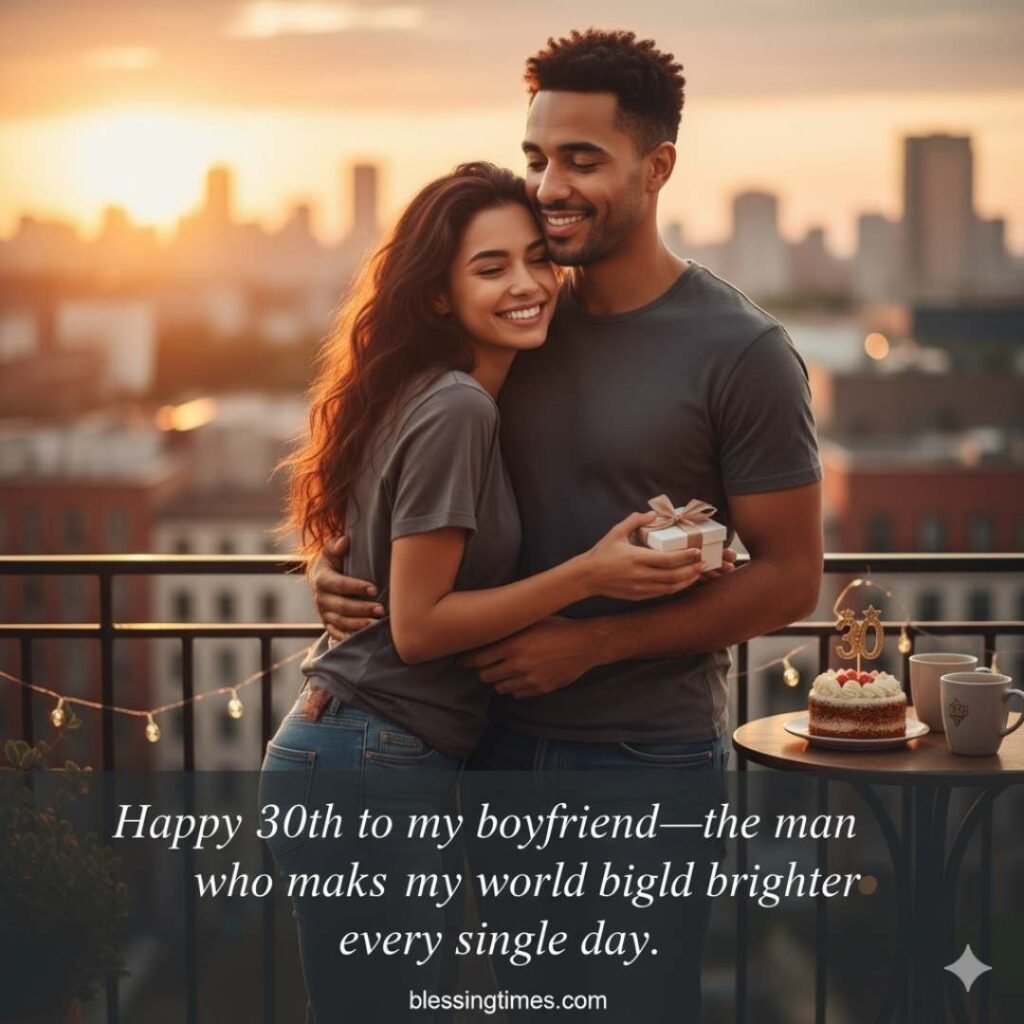 A loving couple embracing on a balcony at sunset, celebrating the boyfriend's 30th birthday with a small cake and a gift.