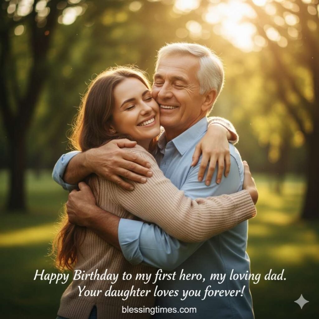 Happy Birthday wishes for dad from daughter, father and daughter hugging, daughter wishes dad happy birthday.