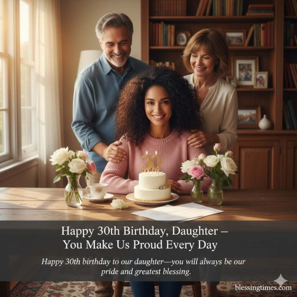 A happy daughter celebrating her 30th birthday with her proud parents, gathered around a cake with candles and flowers at a table in a cozy home setting.