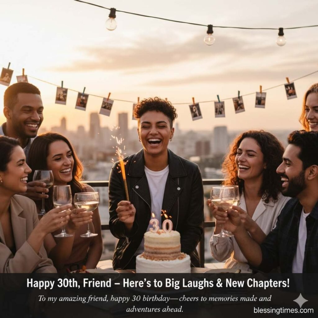A group of diverse friends celebrating a 30th birthday on a rooftop at sunset, with a cake, sparkler, and city skyline in the background.