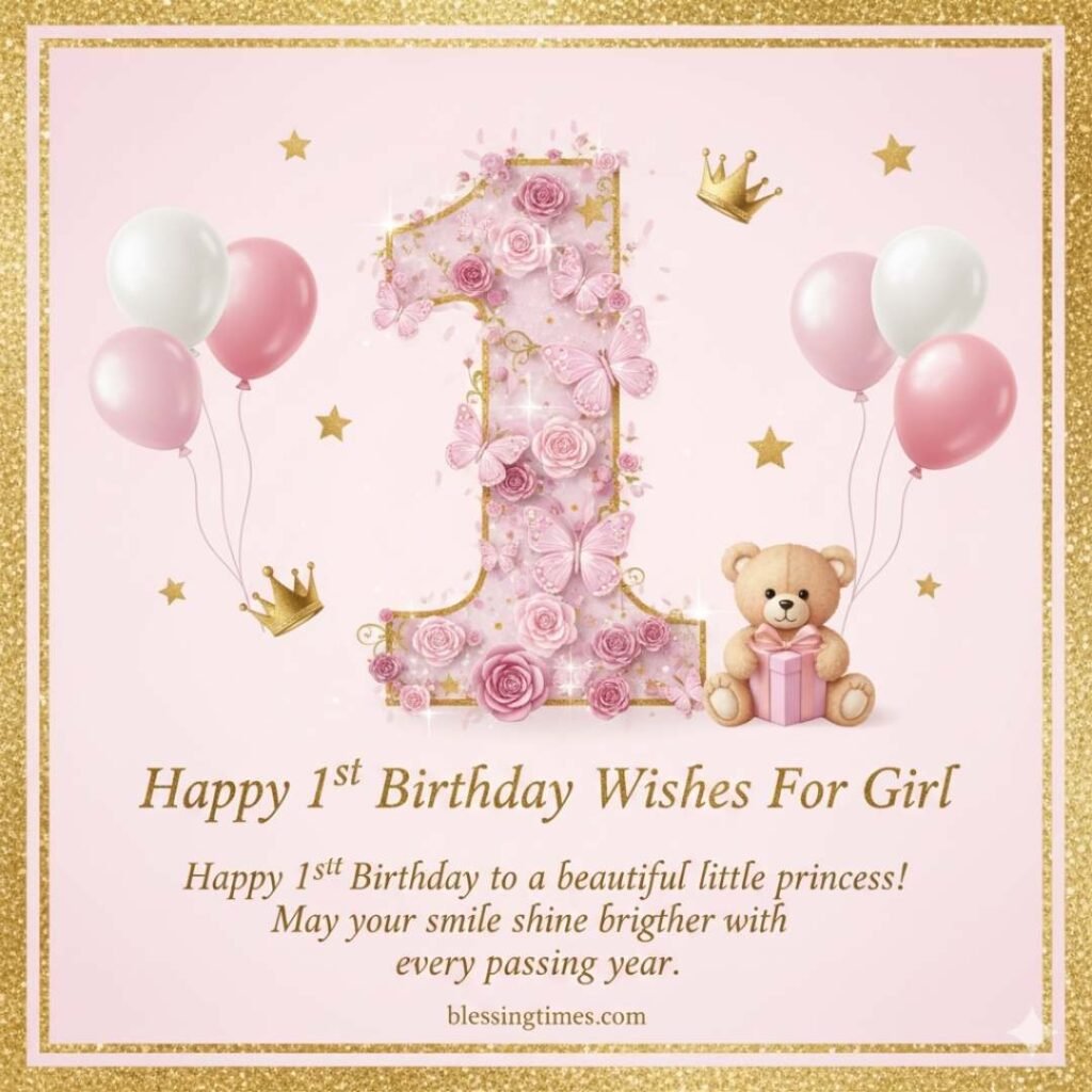 A lovely pink and gold-themed image with a floral "1," balloons, crowns, and a teddy bear, wishing "Happy 1st Birthday Wishes For Girl."