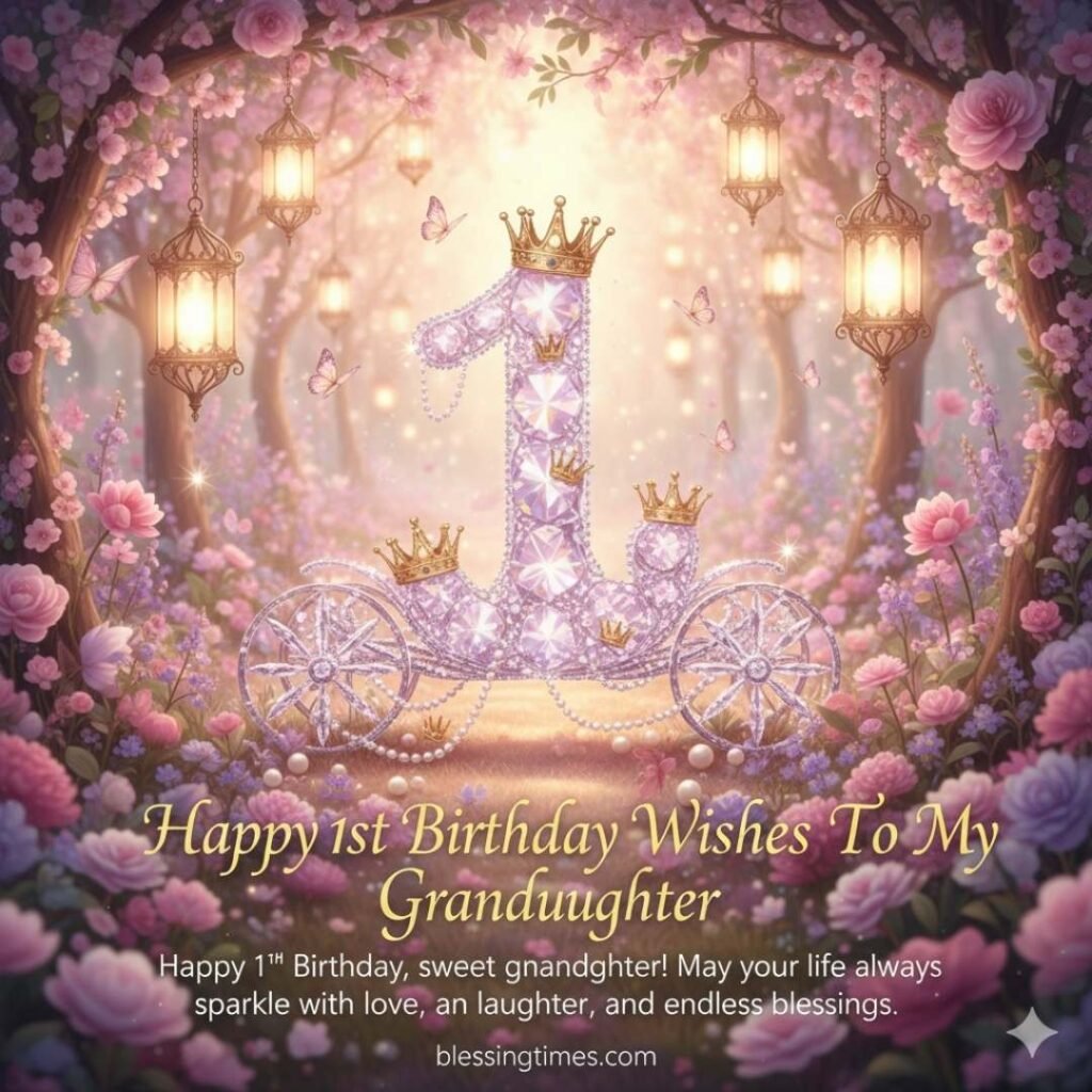A magical garden scene with a sparkling, jewel-encrusted number "1" on a carriage, surrounded by pink flowers, lanterns, and butterflies, with "Happy 1st Birthday Wishes To My Granddaughter" text.