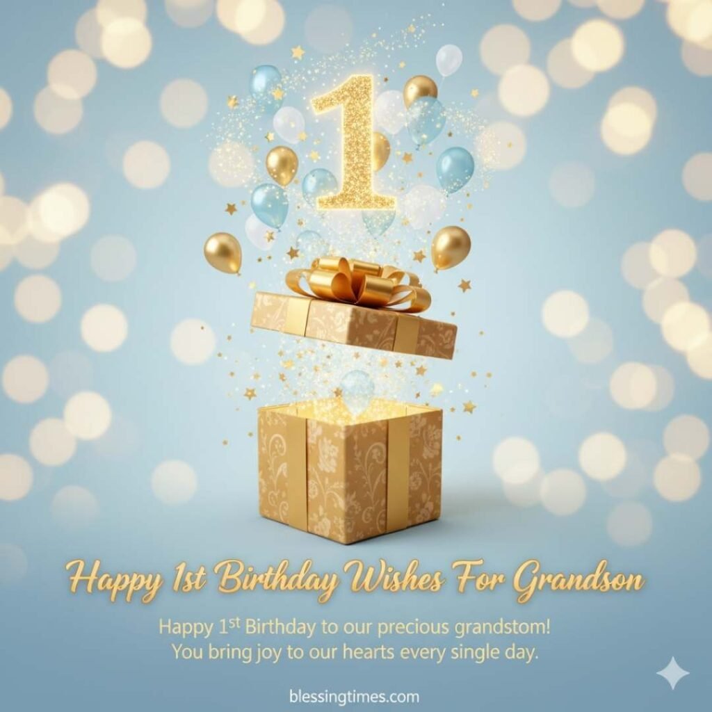 A magical blue and gold themed image with an open gift box, a glowing number "1," and balloons, with "Happy 1st Birthday Wishes For Grandson" text.