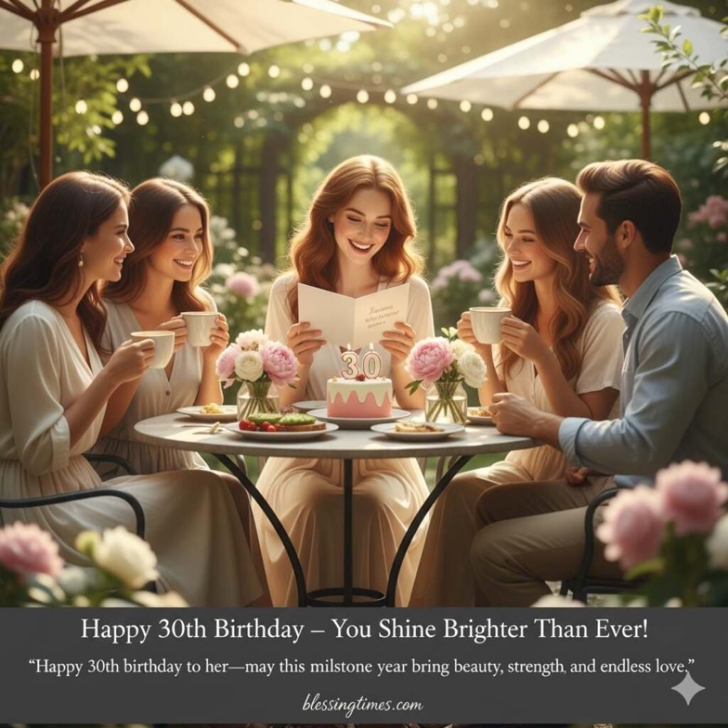 A young woman celebrating her 30th birthday outdoors with friends, surrounded by flowers, enjoying cake and drinks at a charming garden table.