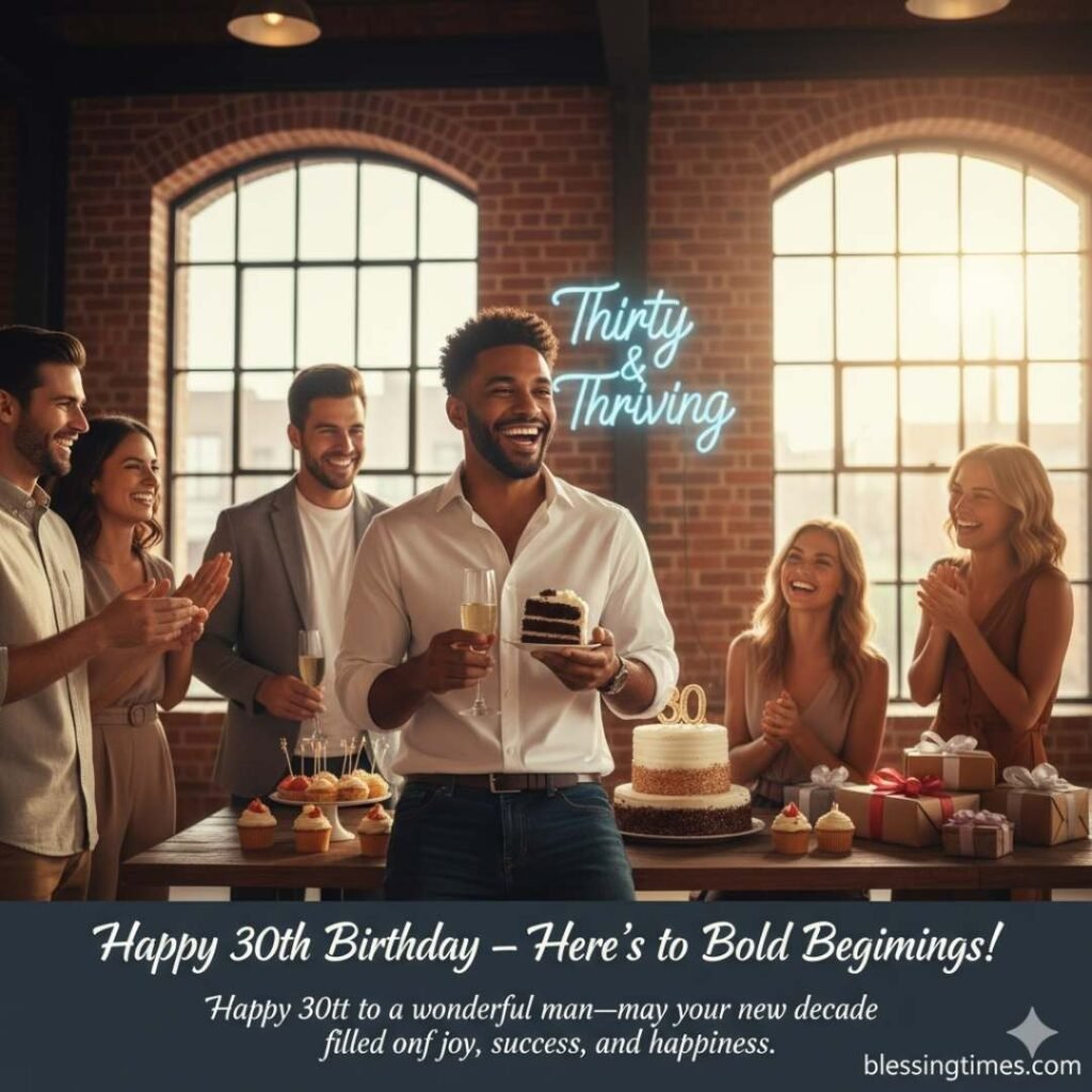 A group of happy friends celebrating a man's 30th birthday, with a cake, gifts, and a neon sign that reads "Thirty & Thriving."