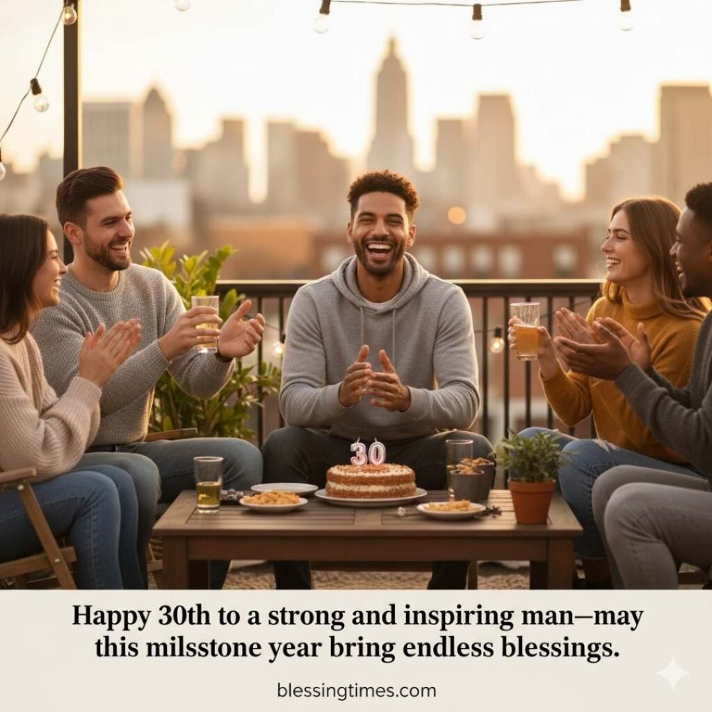 A group of diverse friends celebrating a man's 30th birthday on a rooftop, with him clapping excitedly in front of a cake with "30" candles, against a city skyline.