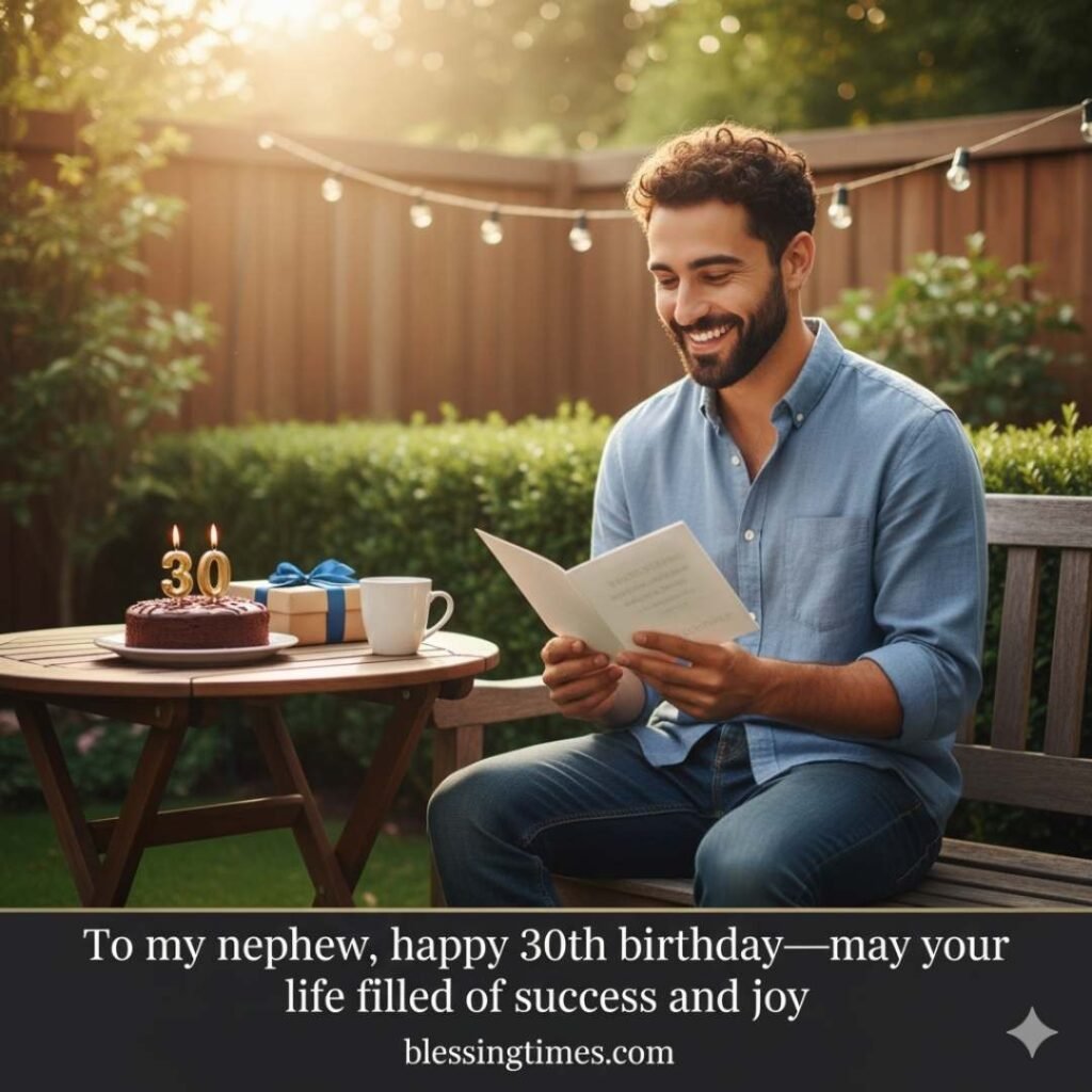 A smiling nephew celebrating his 30th birthday outdoors, reading a card next to a cake with "30" candles and a gift on a table.
