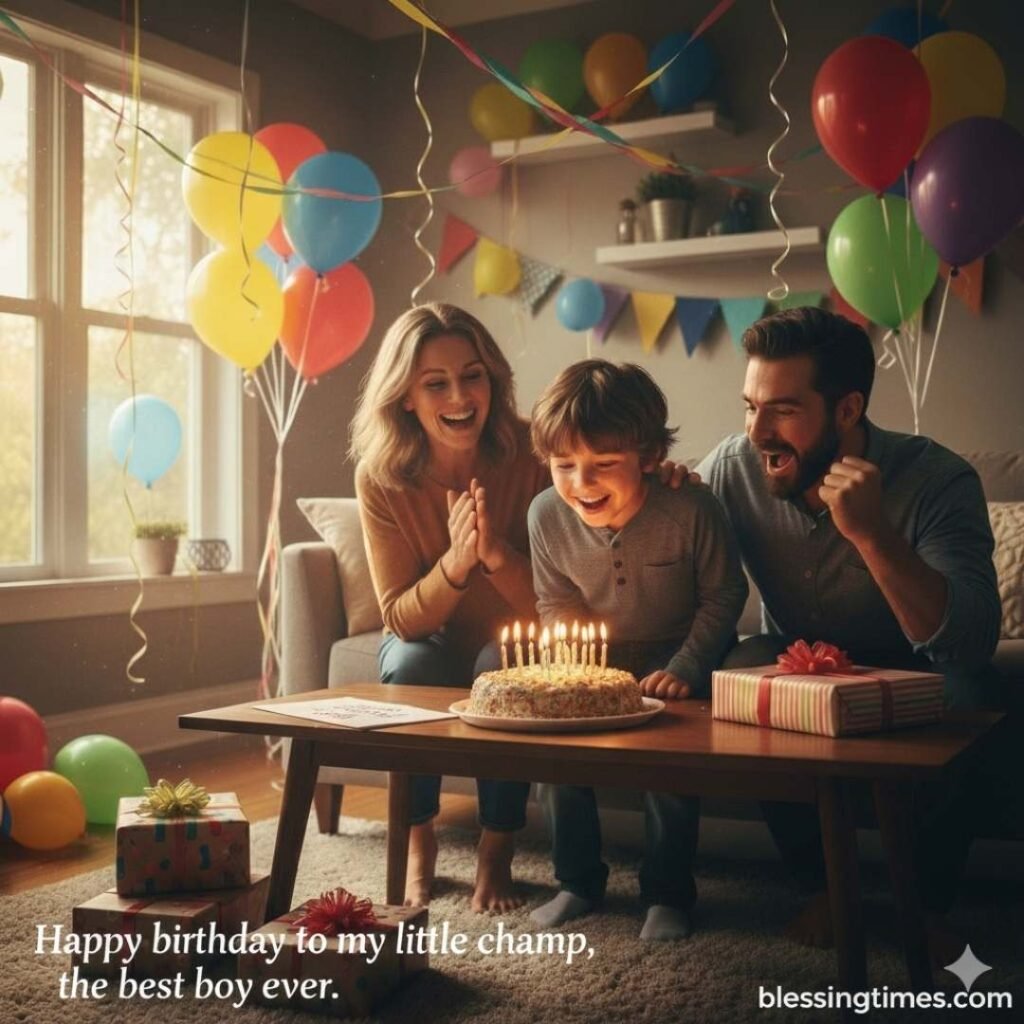 Happy birthday wishes for nephew boy image: A young nephew is excitedly blowing out candles on his birthday cake while his aunt and uncle cheer him on in a living room decorated with balloons and streamers.