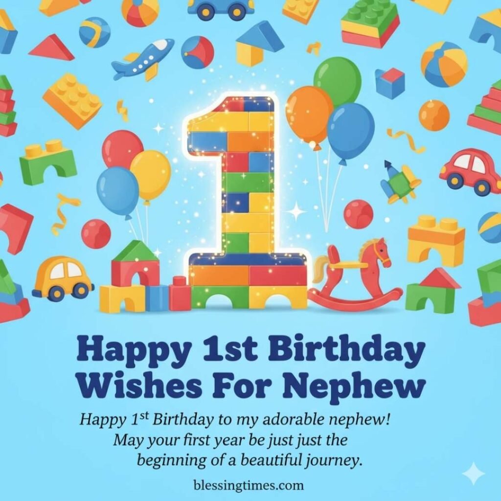 A vibrant blue image with a number "1" made of colorful building blocks, surrounded by balloons, a rocking horse, and various baby toys, wishing "Happy 1st Birthday Wishes For Nephew."