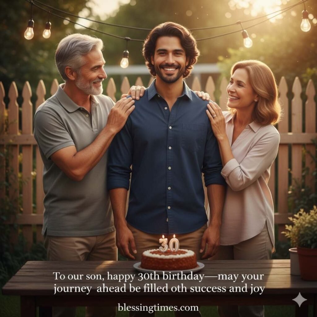 A happy son celebrating his 30th birthday with his loving parents outdoors in a garden setting, gathered around a small cake with "30" candles.