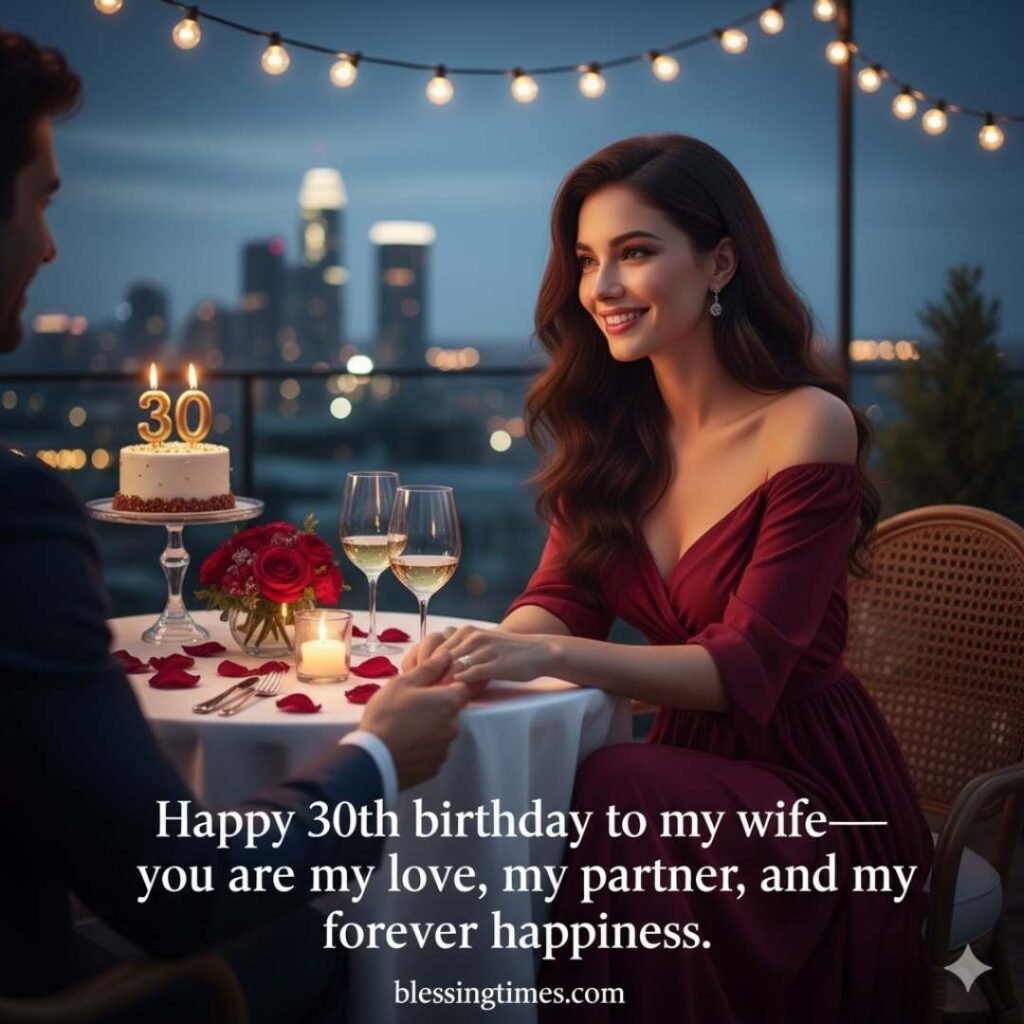 A man and woman holding hands across a romantic dinner table on a rooftop, celebrating the wife's 30th birthday with a cake, candles, and wine against a city skyline.