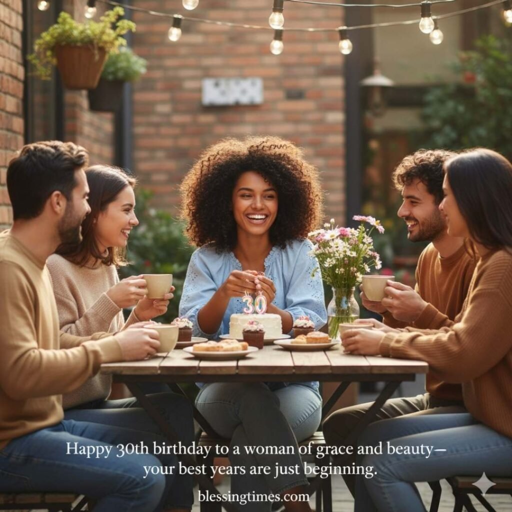 A beautiful woman celebrating her 30th birthday with friends at an outdoor cafe, smiling happily in front of a cake with "30" candles and flowers.