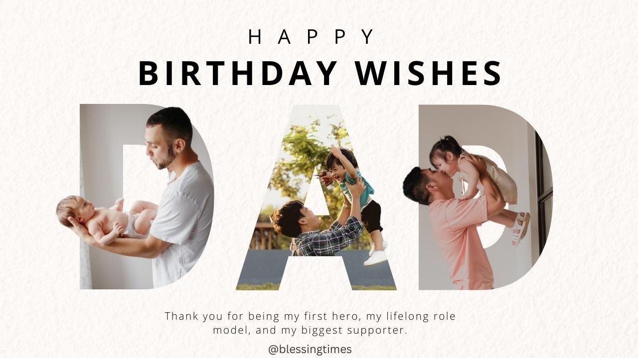 A photo collage spelling "DAD," showing a father with his child at different stages of life, from baby to toddler.