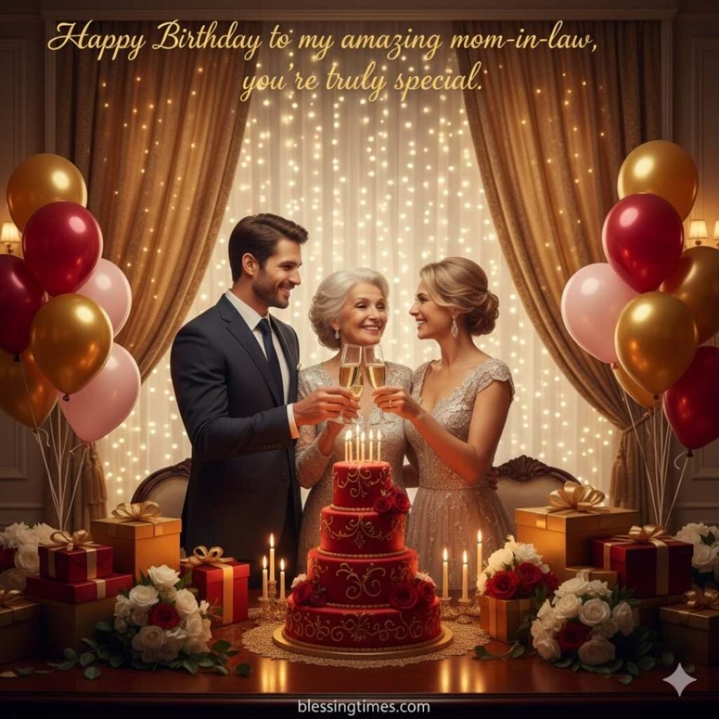 A loving couple raising a toast to their mother-in-law on her birthday. They are smiling and celebrating with a beautiful red cake, gifts, and balloons. The image text says, "Happy Birthday to my amazing mom-in-law, you're truly special."