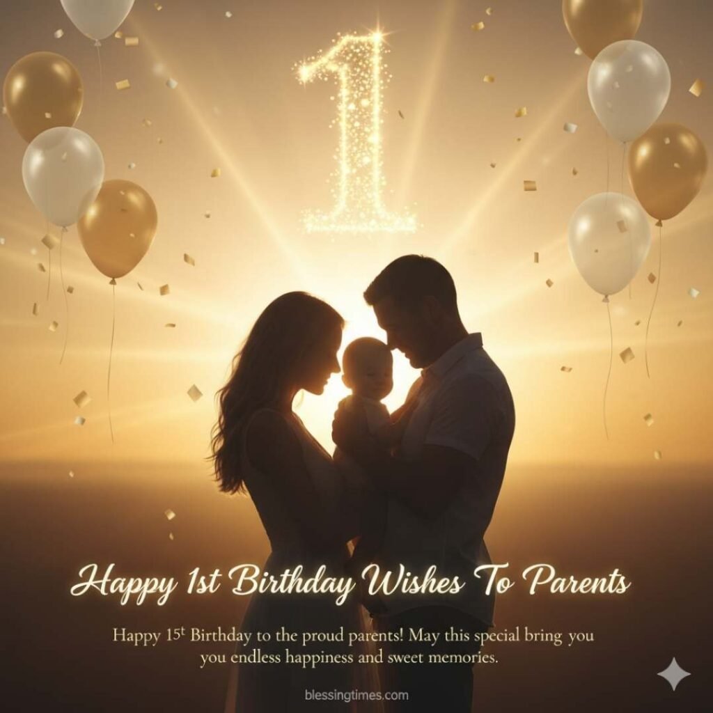 A silhouette of parents holding their baby at sunset, with a sparkling number "1" above them and gold and white balloons, with "Happy 1st Birthday Wishes To Parents" text.
