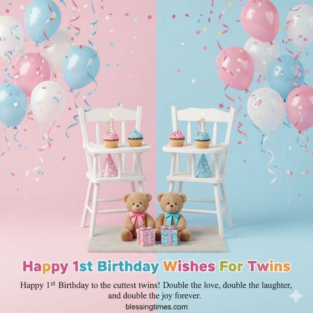 A festive image with a pink side for a girl and a blue side for a boy, featuring two small chairs, cupcakes, balloons, and teddy bears, wishing "Happy 1st Birthday Wishes For Twins."