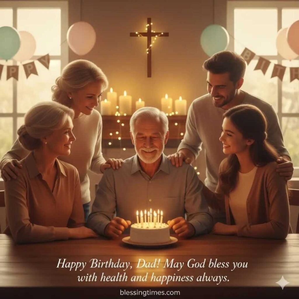 Christian birthday wishes for dad, family praying around a birthday cake, God bless you.
