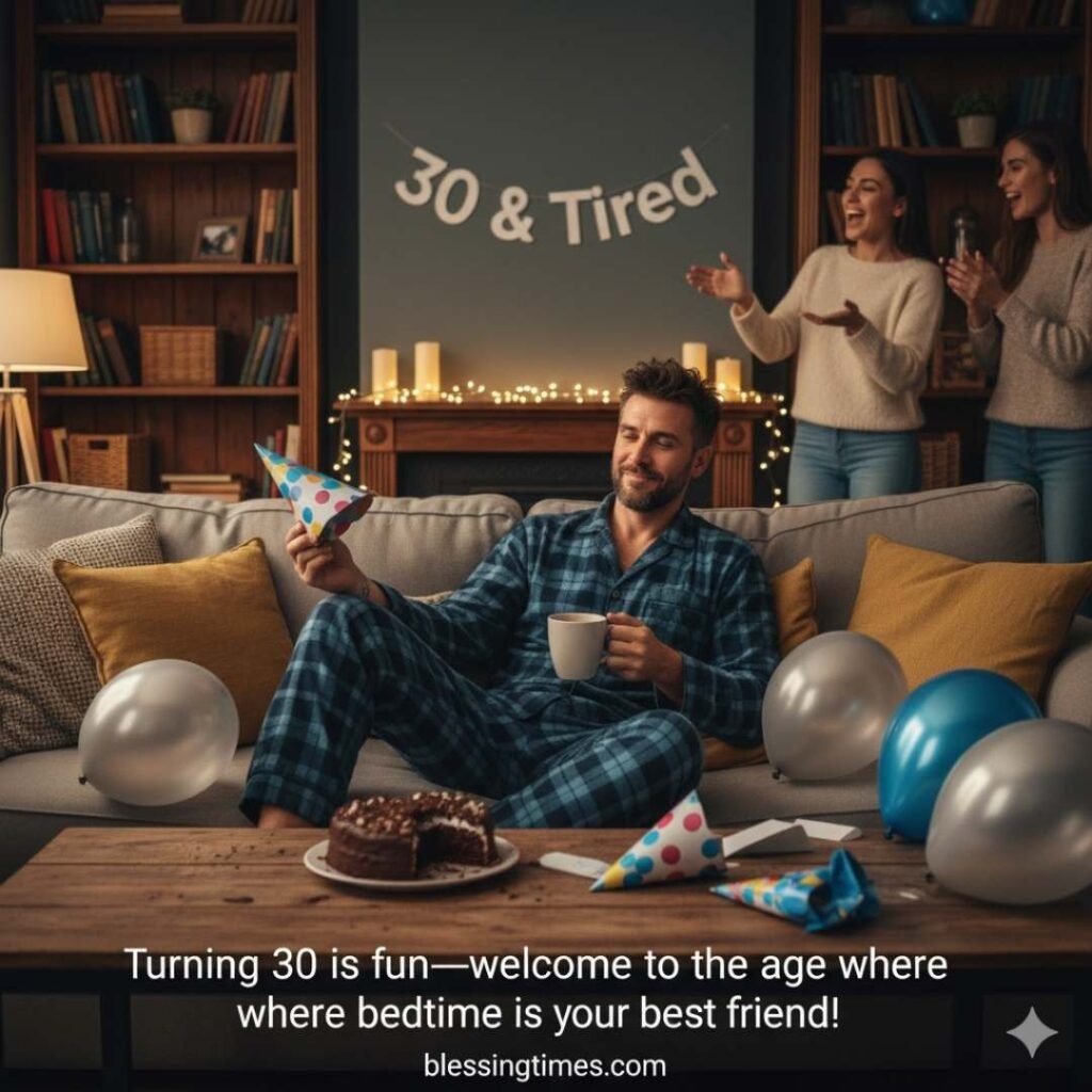 A man in pajamas relaxing on a couch with a cup of coffee and cake, surrounded by balloons and party hats, with a "30 & Tired" banner, while two women in the background laugh.