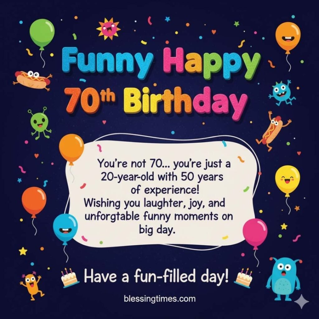 A dark blue, festive birthday card with colorful balloons and cartoon monsters, featuring the text, "You're not 70... you're just a 20-year-old with 50 years of experience!"