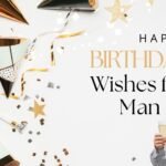 Gold and white elegant birthday card with the text Happy birthday Wishes for Man on a dark background.