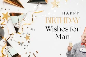 Gold and white elegant birthday card with the text Happy birthday Wishes for Man on a dark background.