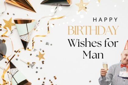 Gold and white elegant birthday card with the text Happy birthday Wishes for Man on a dark background.