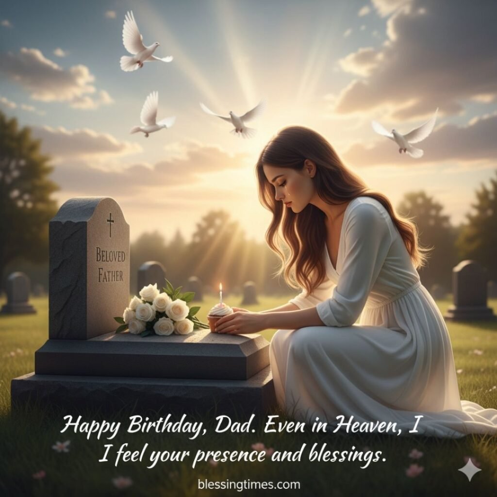 Happy Birthday Dad in Heaven, daughter visiting father's grave, memorial birthday wishes.