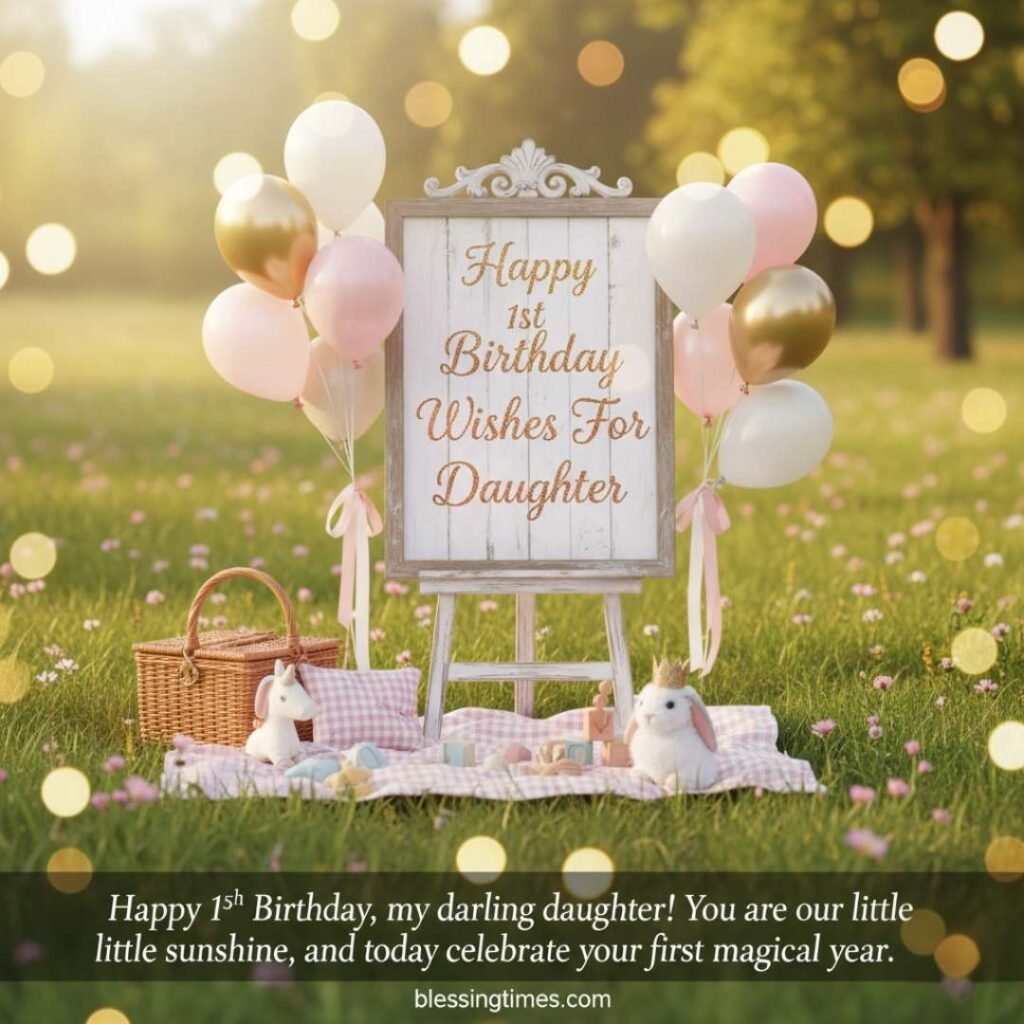 A charming outdoor scene with a picnic blanket, toys, balloons, and an easel sign reading "Happy 1st Birthday Wishes For Daughter."