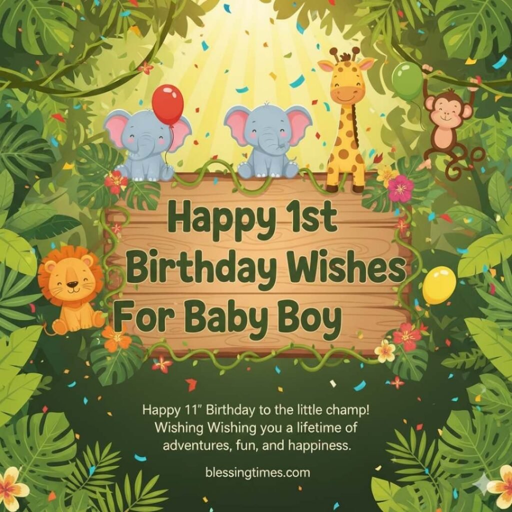 A vibrant jungle-themed image with cute cartoon animals like elephants, a giraffe, a monkey, and a lion, surrounding a wooden sign with "Happy 1st Birthday Wishes For Baby Boy" text.