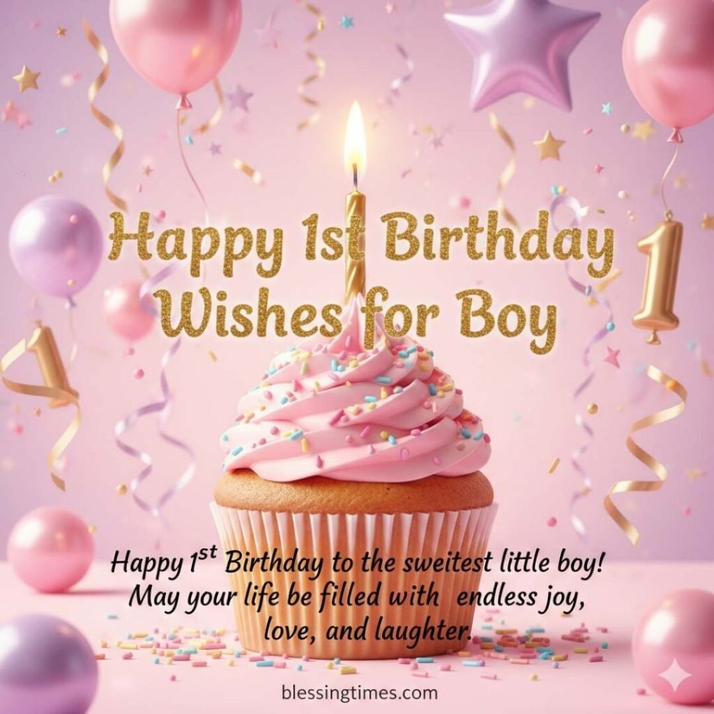 A festive pink and purple themed image with balloons, confetti, and a cupcake, with "Happy 1st Birthday Wishes for Boy" text.