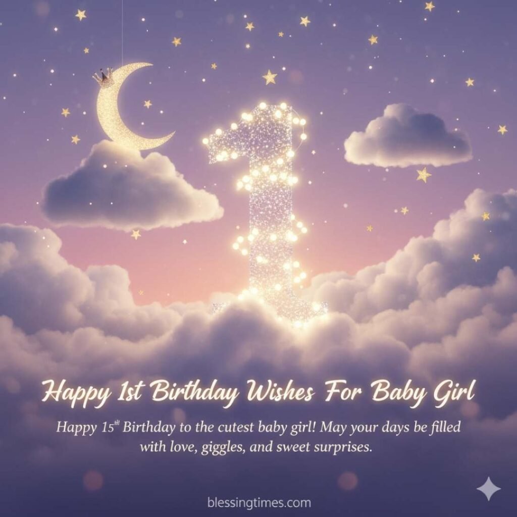 A magical night sky scene with clouds, stars, a crescent moon, and a glowing number "1," with "Happy 1st Birthday Wishes For Baby Girl" text.