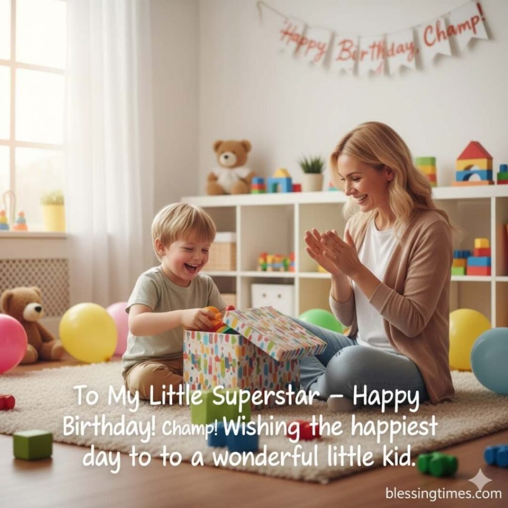 Happy birthday wishes for nephew kid image: A smiling adult, likely an aunt, claps as her little nephew opens a colorful birthday present on the floor of a playroom.