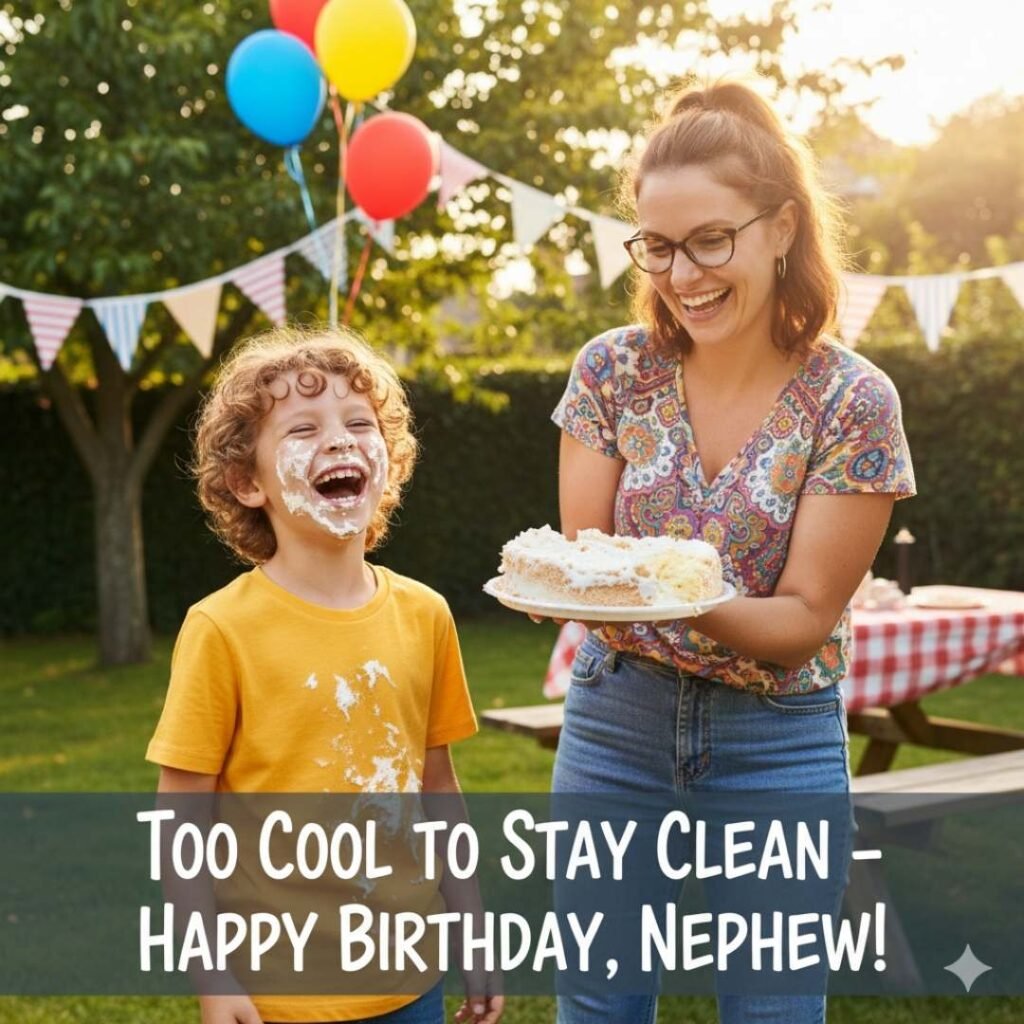 Funny happy birthday image: Nephew with cake frosting all over his face, laughing hysterically while his aunt smiles and holds the half-eaten cake during an outdoor birthday party.