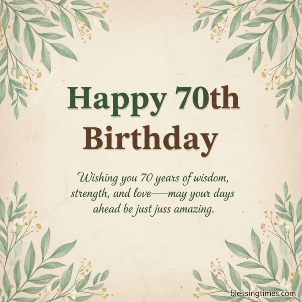 A cream-colored birthday card with green leafy borders and "Happy 70th Birthday" in prominent dark green and brown text, followed by a warm birthday wish.