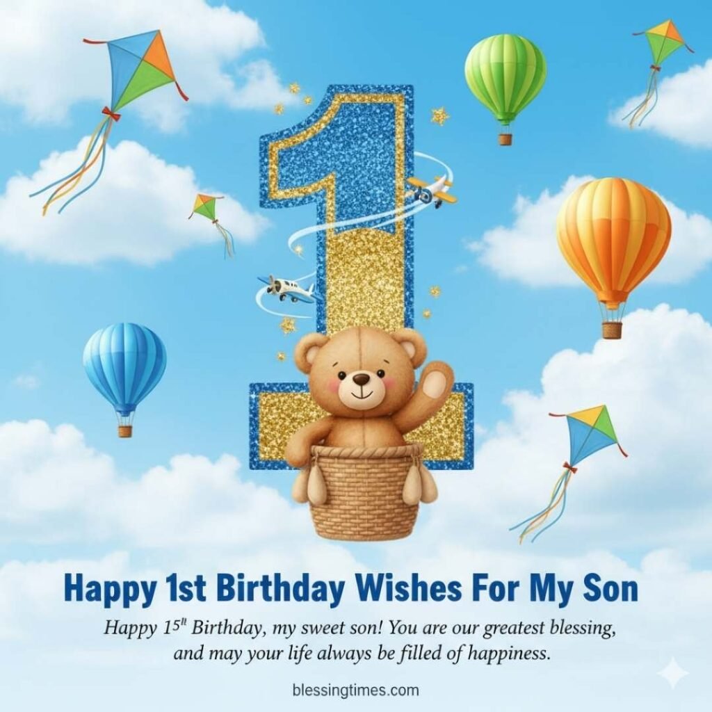 A vibrant blue sky scene with kites, hot air balloons, airplanes, and a teddy bear in a basket, with a glittery number "1" and "Happy 1st Birthday Wishes For My Son" text.