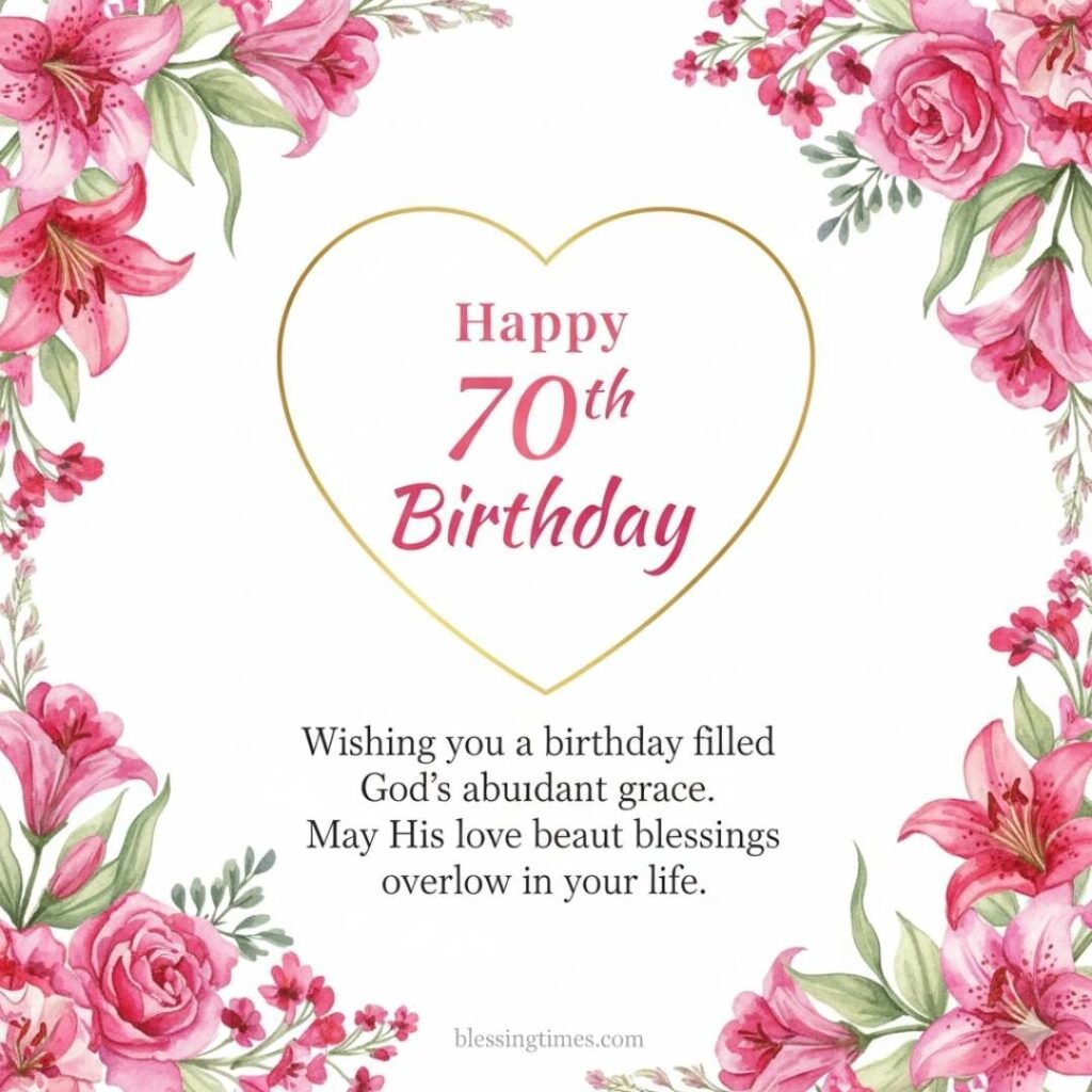 A white birthday card bordered with pink lilies and roses, featuring "Happy 70th Birthday" inside a golden heart and a religious blessing below.