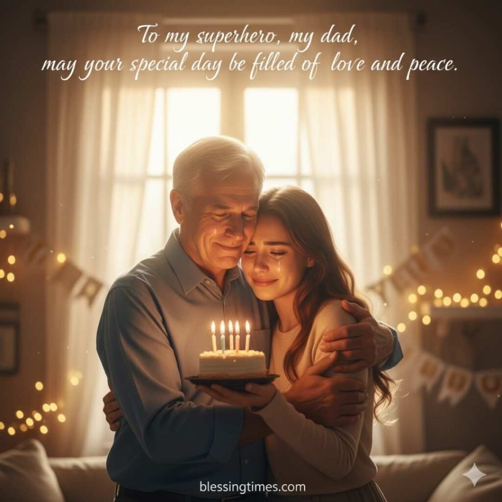 Heart touching birthday wishes for dad, father and daughter hugging, dad holding a birthday cake.
