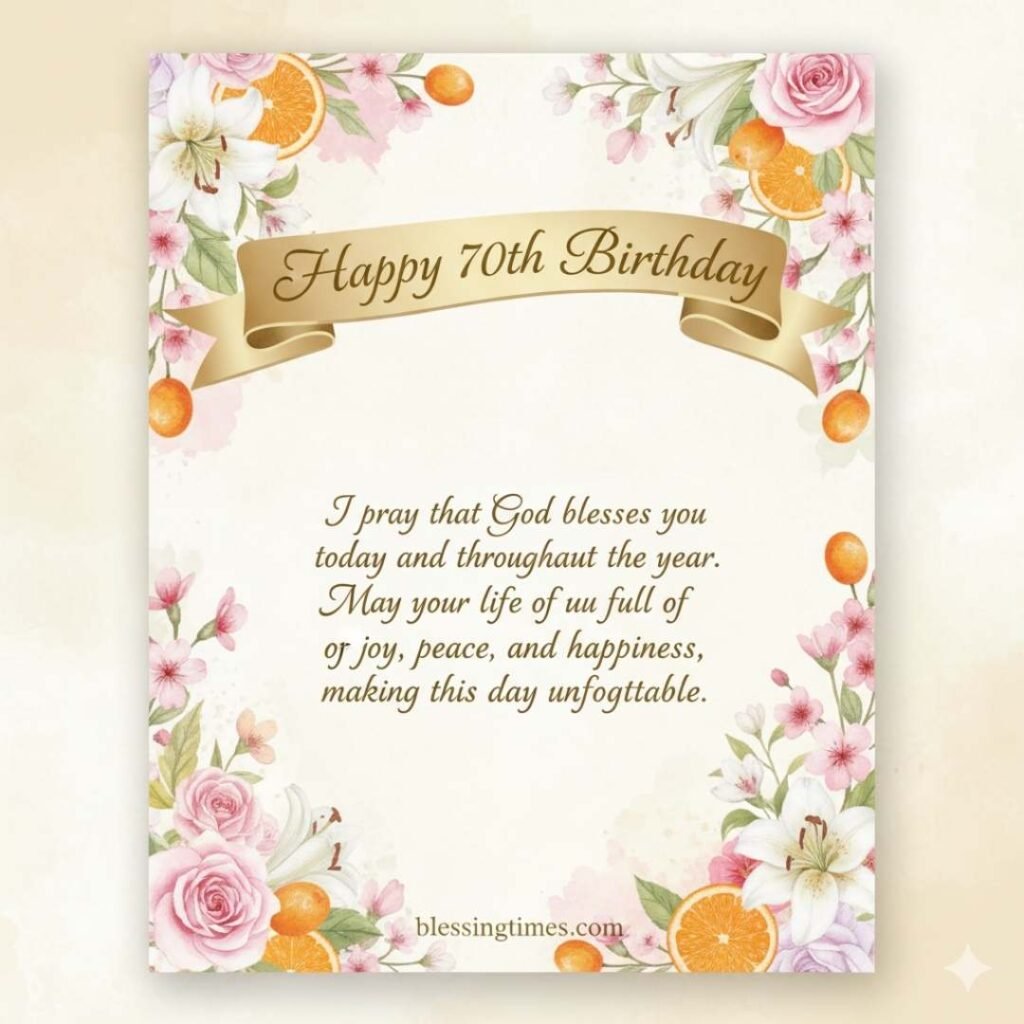 A beautiful birthday card with a floral and orange slice design, featuring a golden ribbon banner with "Happy 70th Birthday" and a heartfelt religious blessing.