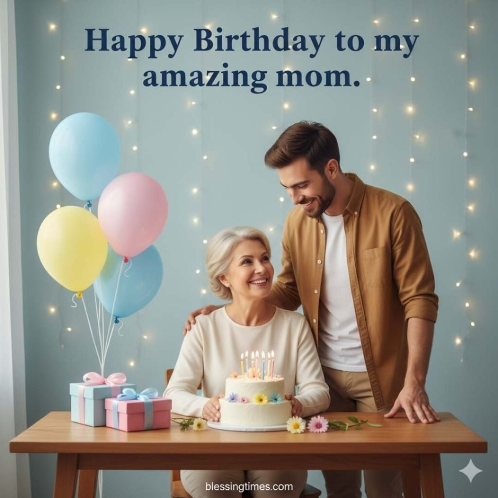 A heartwarming photo of a son celebrating his mother's birthday. They are smiling at each other as she sits in front of a birthday cake with candles, gifts, and balloons. The text says, "Happy Birthday to my amazing mom."