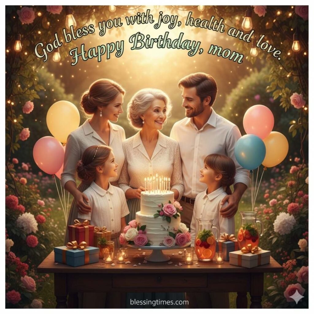 A loving family celebrating their mother's birthday outdoors with a cake, gifts, and balloons. The image includes the text, "God bless you with joy, health and love. Happy Birthday, mom," which highlights the religious nature of the blessing.