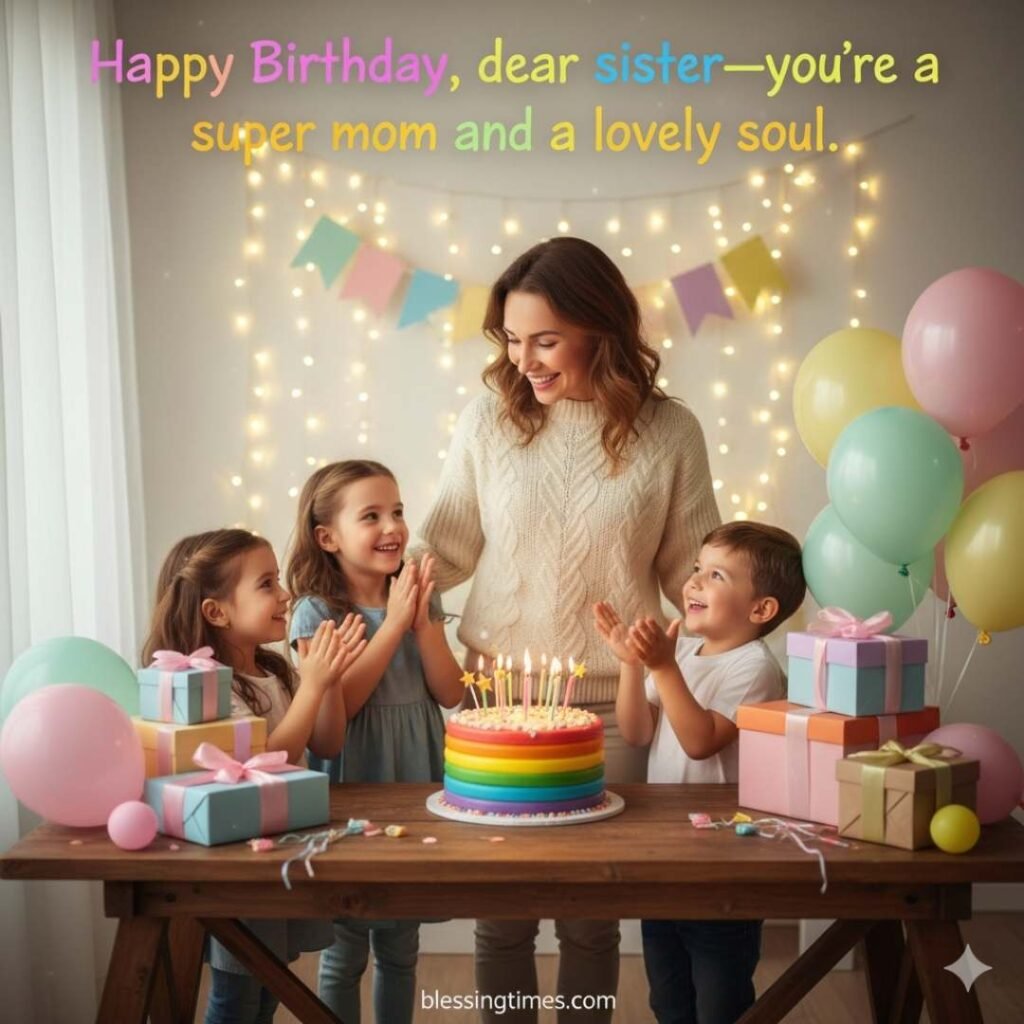 A happy mother celebrating her birthday with her young children. They are gathered around a rainbow cake with candles, with the text, "Happy Birthday, dear sister—you're a super mom and a lovely soul."