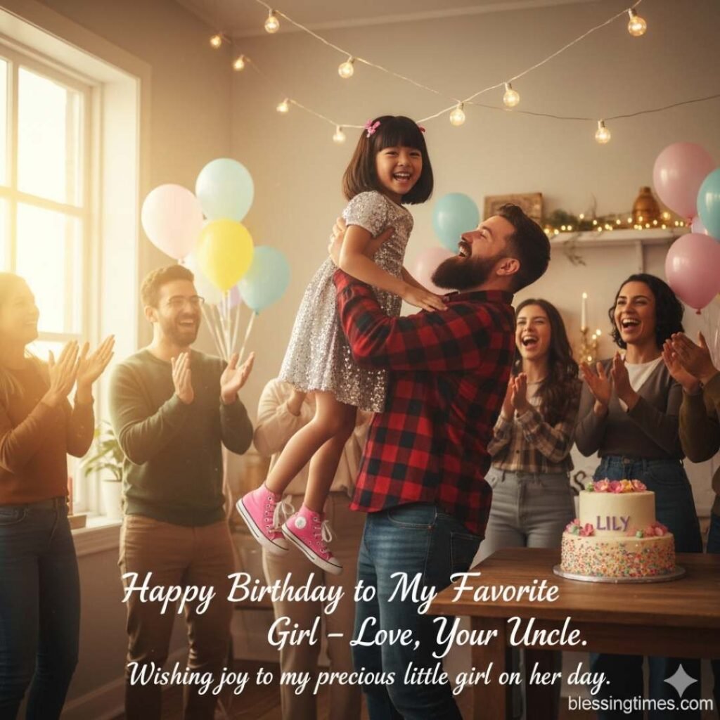 Happy birthday wishes for niece from uncle image: A beaming uncle holds his little niece high up in the air at her brightly lit birthday party, surrounded by family clapping.