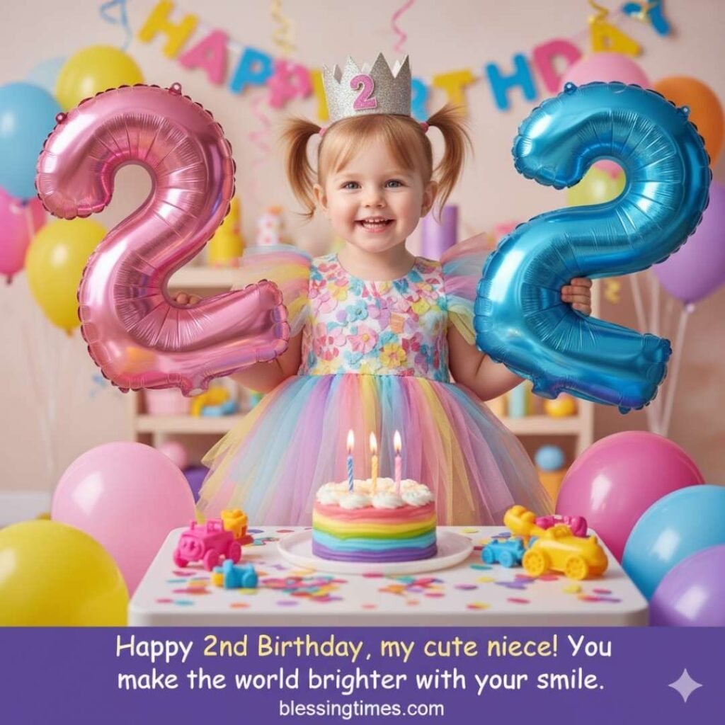 Happy 2nd birthday wishes for a niece, a little girl with giant number 2 balloons and a rainbow cake.